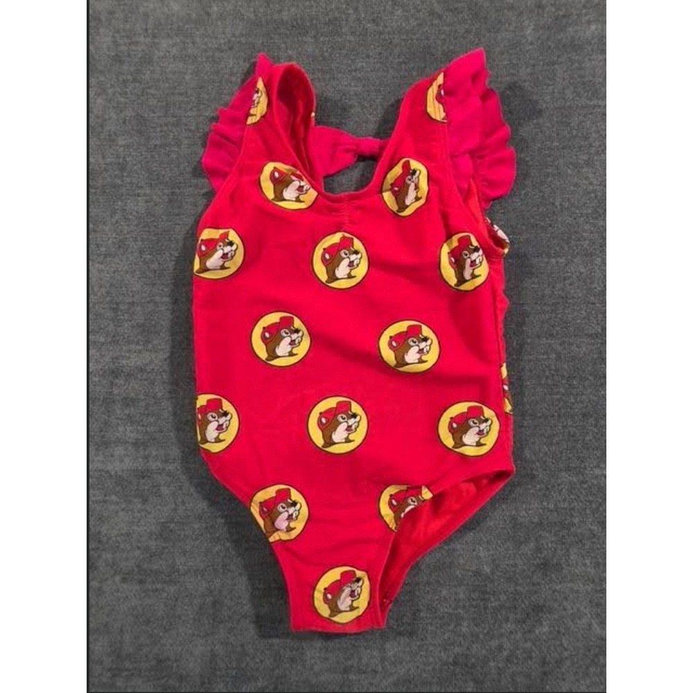Buc-ee's Girls Red One Piece Swimsuit Ruffle Shoulder Beaver Logo Print